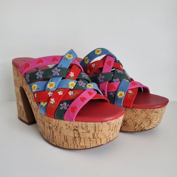 FREE PEOPLE Embroidered Woven  Leather Platform Slip Ons Cork Wedges Boho Mules - Picture 3 of 10